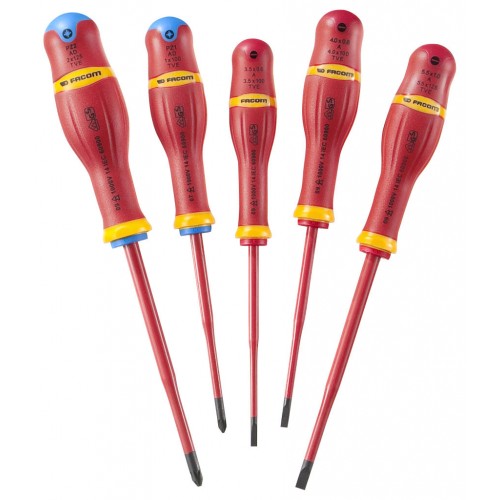 Facom Σετ με 5 Κατσαβίδια Μονωμένα 1000Volts Εγκοπής/PZ με Λεπτή Λάμα - AD.J5TVEPB